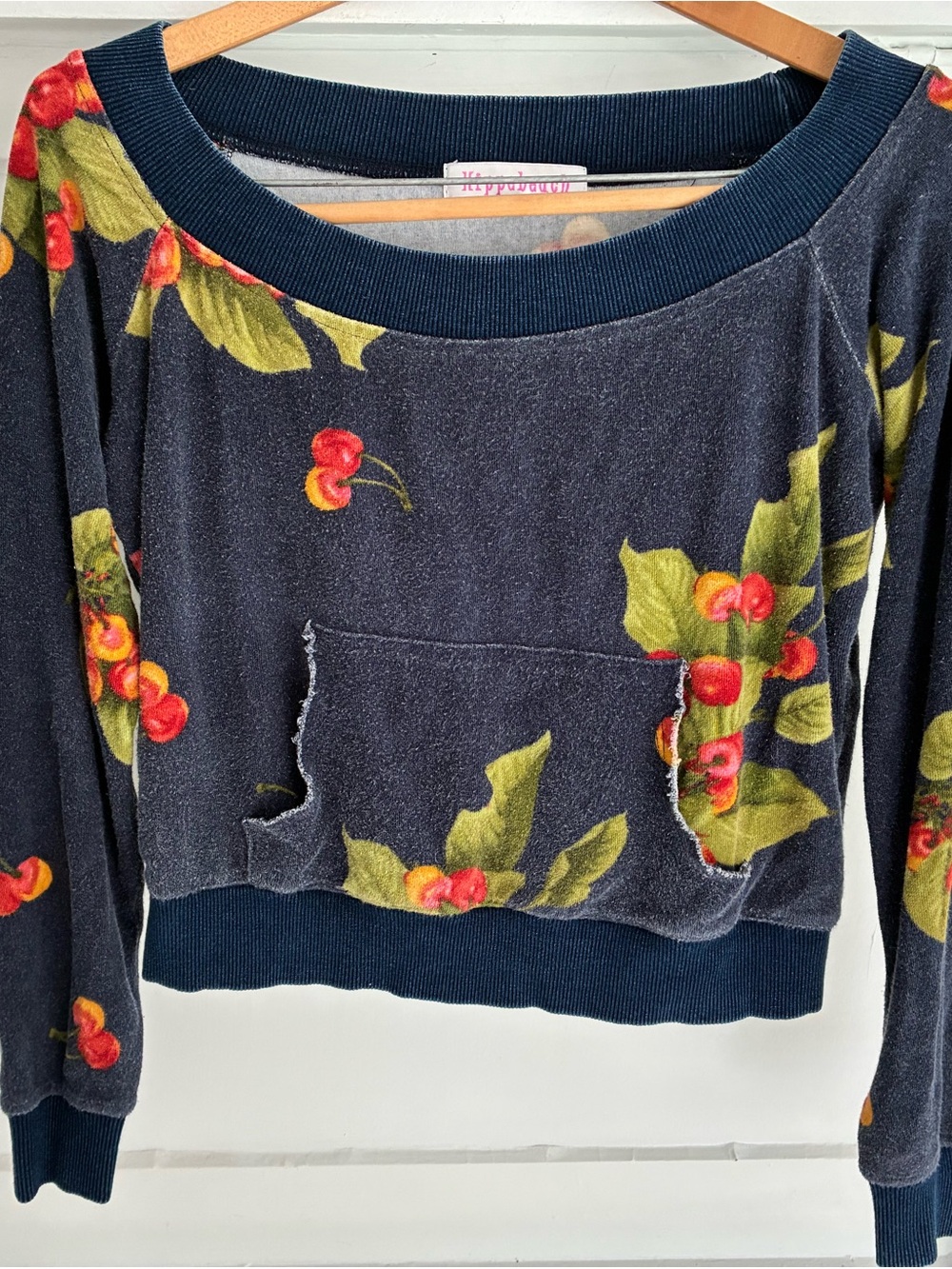 Hippie Beach Cherry Print Navy Cropped Sweatshirt - velour - scoop neck - Picture 1 of 9